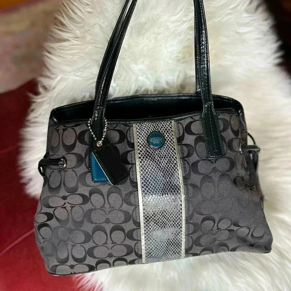 Coach F24882 Black Signature Python Print Stripe Tote Bag Large Shoulder Handbag